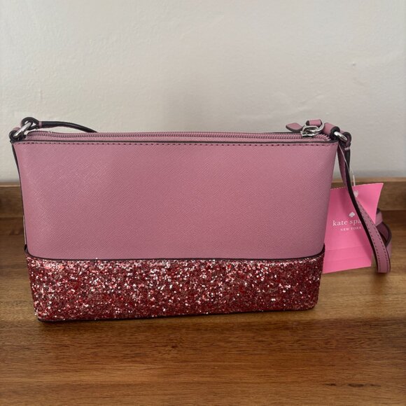 Kate Spade Ramey Dusty Peon Pink Saffiano Leather Pink Sparkle Crossbody New - Picture 4 of 9